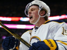 Buffalo Sabres' Jack Eichel celebrates his goal during the third period of an NHL hockey game against the Boston Bruins in Boston, Saturday, Dec. 26, 2015. The Sabres won 6-3. (AP Photo/Michael Dwyer)