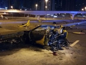 The aftermath of the Ferrari crash in Dubai March 6, 2016 that killed two Toronto men including boxer Cody Nixon. (Courtesy of Dubai Police)