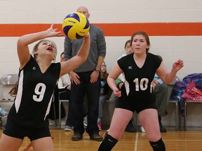 Faith Boucher, left, of Northern Chill, volleys a pass to a teammate during action against the Barrie Elites at the OVA 13U girls Bugarski Cup at Lasalle Secondary School  in Sudbury, Ont. on Saturday March 5, 2016.