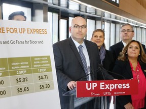 Ontario Transportation Minister Steven Del Duca at the UP Express lounge at Union Station in Toronto announces lower prices for the airport train February 23, 2016. (Michael Peake/Toronto Sun)