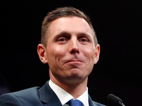 Ontario Progressive Conservative Leader Patrick Brown smiles after delivering a speech at the convention in Ottawa, Saturday, March 5, 2016. (THE CANADIAN PRESS/Fred Chartrand)