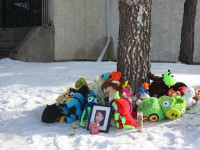 A memorial has been set up outside the apartment building in Edson where a teen girl was found murdered. Tyrell James Perron has been charged with first-degree murder in the killing.
