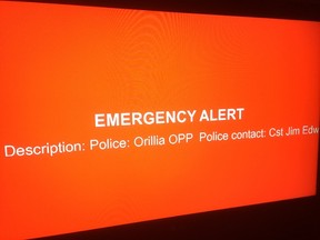An Amber Alert message that appeared on cable TV in Toronto Sunday, March 6, 2016 just before 10 p.m. about a missing child in Orillia, Ont. (Toronto Sun)
