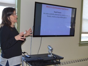 Jim Moodie/The Sudbury Star
Carrie Regenstreif of Fruit For All describes her plan for a food forest — a plantation of species that yield edible fruits and nuts — to an audience of interested community members at a meeting in downtown Sudbury in this file photo.
