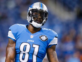 In this Sunday, Dec. 27, 2015 file photo, Detroit Lions wide receiver Calvin Johnson (81) warms up before an NFL football game against the San Francisco 49ers at Ford Field in Detroit. (AP Photo/Rick Osentoski, File)