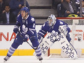 Toronto Maple Leafs defenceman Matt Hunwick (2) in front of goalie Garret Sparks as they face the Lightning at the ACC March 1, 2016. (Jack Boland/Toronto Sun)