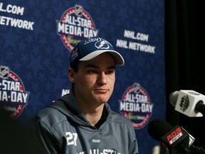 Jonathan Drouin #27 of the Tampa Bay Lightning speaks during Media Availability for the 2015 NHL All-Star Weekend at the Nationwide Arena on January 23, 2015 in Columbus, Ohio.   Bruce Bennett/Getty Images/AFP