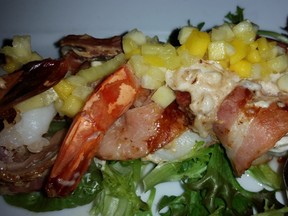 The Moose Factory bacon-wrapped prawns with mango and pineapple. (Graham Hicks photo)