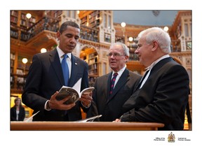 Courtesy Deborah and Jason Ransom, Office of the Prime Minister under the Rt. Hon. Stephen Harper.
Peter Milliken of Kingston, shown with then Parliamentary Librarian William Young, presented Arthur Milnes’ book, In Roosevelt’s Bright Shadow, a collection of U.S. presidential speeches about Canada, to President Obama on Parliament Hill in 2009.