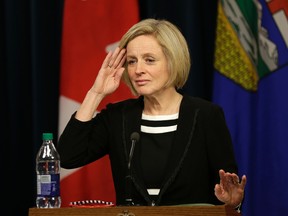 Rachel Notley speaks at a press conference before her government's first speech from the throne on Tuesday March 8, 2016.