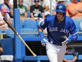 Blue Jays' Troy Tulowitzki flips his bat after drawing a walk from Twins pitcher Tyler Duffey during the second inning of a spring training game in Dunedin, Fla., on Tuesday, March 8, 2016. (Chris O'Meara/AP Photo)