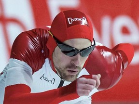 Denny Morrison of Canada competes during the men's 1,500-meter distance at the Speedskating World Cup in Erfurt, Germany,on March 22, 2015. (THE CANADIAN PRESS/AP/Jens Meyer)