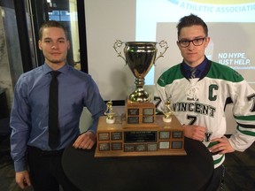 Oak Park captain Marc Legare (left) and Vincent Massey captain Eric Popoff are ready to do battle again in the high school hockey provincial championship.
TED WYMAN/Winnipeg Sun/Postmedia Network