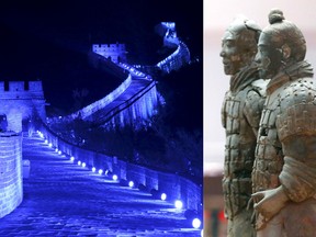LEFT: The Great Wall of China is lit up in blue to mark the 70th anniversary of the United Nations, in Beijing, China in October 2015. (REUTERS/Li Sanxian) RIGHT: The Museum of Qin Terracotta Warriors and Horses, in Xi'an, Shaanxi province. (REUTERS/Petar Kujundzic)