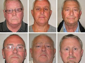 This undated Metropolitan Police handout photo shows, top row from left, John Collins, Daniel Jones and Terry Perkins, and bottom row from left, Carl Wood, William Lincoln and Hugh Doyle after their arrest in London. (Metropolitan Police via AP)
