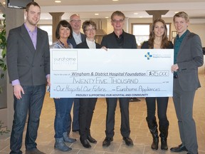 Eurohome Appliances & Kitchens has pledged $25,000 to the Wingham Hospital Our Hospital, Our Future Campaign. Pictured L-R: Appliance Technician Scott van Heesch, Campaign Team Leader Jenny Hogervorst, Campaign Chair Mark Foxton, Vice President & Owner Marilyn van Heesch, President & Owner Henry van Heesch, Business Relations & Showroom Manager Marina van Heesch and Business Development Manager Hauke Hauschildt. (Submitted)