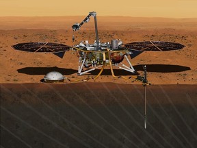 This August 2015 artist's rendering provided by NASA/JPL-Caltech depicts the InSight Mars lander studying the interior of Mars. The spacecraft was scheduled to launch for Mars in March 2016 but NASA said Tuesday, Dec. 22, that managers have suspended the launch because of an air leak in one of two prime science instruments, a seismometer which belongs to the French Space Agency.  (NASA/JPL-Caltech via AP)