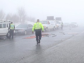 Greater Sudbury Police respond to a multi-vehicle collision on MR 35 in Greater Sudbury in March. (Gino Donato/Sudbury Star file photo)
