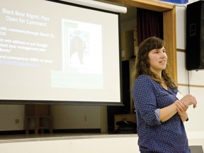 Annie Loosen spoke on March 2 at the ‘Carnivores and Community’ meeting in Cowley Community Hall regarding her work on finding a population estimate for black bears in the Bear Management Area 6. Caitlin Clow photo/Pincher Creek Echo