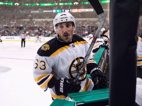 Boston Bruins left wing Brad Marchand (63) yells at the Dallas Stars bench as he leaves the ice during the third period at the American Airlines Center. The Bruins defeat the Stars 7-3.  Jerome Miron-USA TODAY Sports