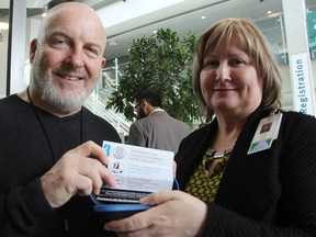 Dr. Del Donald and Cathy McFarland show a naloxone kit that's part of a new META:PHI research project in Sarnia designed to decrease overdose deaths and get substance-dependent people the help they need faster. Naloxone access has been expanding in Sarnia-Lambton as a front-line life-saving drug for people experiencing opiate overdoses. (Tyler Kula, The Observer)