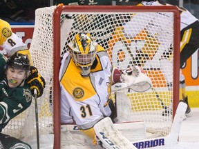 Sarnia Sting goaltender Charlie Graham is shown during his team's Ontario Hockey League game at Budweiser Gardens in London, Ont. on Sunday February 7, 2016. Graham will get the bulk of the playing time in Sarnia's crease with six games remaining and goalie Justin Fazio sidelined with a knee injury. (Craig Glover, The London Free Press)
