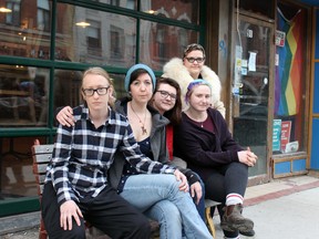 (From left) The Sleepless Goat's cooperative owners Cait Cowan, Christina Avery, Meg Gamble, Robyn Meayga and Emily Aldrich outside the restaurant in Kingston, Ont. on Wednesday March 9, 2016. Steph Crosier/Kingston Whig-Standard/Postmedia Network