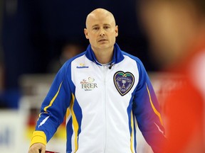 Team Alberta Skip Kevin Koe shows his disappointment after his bad throw against Team Newfoundland and Labrador during the Tim Horton's Brier at TD Place in Ottawa on March 8, 2016. (Jean Levac/Postmedia)
