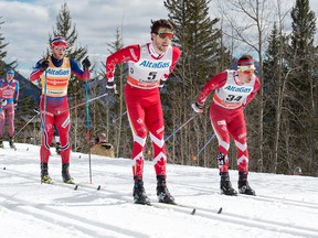 Martin Johnsrud Sundby of Norway, (far left), races behind Canadians Alex Harvey, (middle) and Ivan Babikov in the Skiathlon 10.5 classic and 10.5 sprint at Ski Tour Canada 2016 at the Canmore Nordic Centre on March 9, 2016. (Pam Doyle @ pamdoylephotography.com)