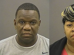 Photos provided by the Baltimore Police shows Anthony Spence and Saverna Bias, two Baltimore schools police officers, have been charged after cellphone video surfaced showing one of them slapping and kicking a teen at a school while a second officer stood by.  (Baltimore Police via AP)