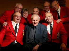 Former Brier champion, Alf Phillips Jr. (centre), is joined by just a handful of his pals from the Governor General's Curling Club at the Canadian Curling Hall of Fame Dinner, held Wednesday (March 9, 2016) at the Westin Hotel in downtown Ottawa.