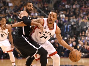 Raptors guard Norman Powell (right) is fouled by Nets guard Wayne Ellington (left) during first quarter NBA action in Toronto on Tuesday, March 8, 2016. (Dan Hamilton/USA TODAY Sports)