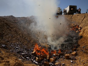 Palestinian workers throw boxes of Snickers chocolate into a fire on the outskirts of Gaza City, Thursday, March 10, 2016. Hamas authorities in Gaza say they disposed of 15 tons of chocolate in response to a mass recall the manufacturing company issued last month. (AP Photo/Adel Hana)