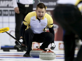 Team Manitoba skip Mike McEwen shouts to teammates during his team's draw against Team Saskatchewan at the Brier curling championships in Ottawa, Canada, March 9, 2016. REUTERS/Chris Wattie