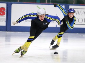 Carter Prince and Theo Papadakis train with the The Sudbury Sprinters Speed Skating Club in Sudbury, Ont. on Tuesday March 8, 2016.