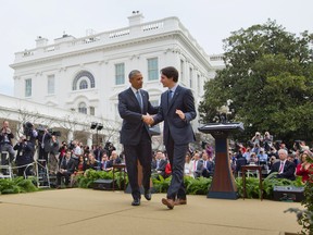 U.S. President Barack Obama and Prime Minister Justin Trudeau shake hands following the conclusion of their joint news conference, Thursday, March 10, 2016, in the Rose Garden of the White House in Washington. (AP Photo/Pablo Martinez Monsivais)