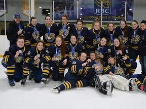 The College Notre Dame Alouettes girls hockey team pose with the OFSAA A/AA silver medals in Stratford on Thursday afternoon.