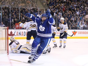 Toronto Maple Leafs center Zach Hyman scores his first career NHL goal in the second period against the Buffalo Sabres at Air Canada Centre in Toronto on March 7, 2016. (Tom Szczerbowski/USA TODAY Sports)