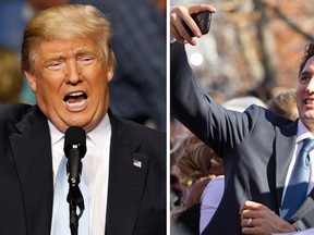 U.S. Republican presidential candidate Donald Trump speaks at a campaign rally in Fayetteville, North Carolina March 9, 2016. Picture taken March 9, 2016 and Prime Minister Justin Trudeau takes a selfie as he greets the crowd outside Rideau Hall after being sworn in as Canada's 23rd Prime Minister in Ottawa, Ontario, November 4, 2015.     (REUTERS/Jonathan Drake and AFP PHOTO/ GEOFF ROBINS)