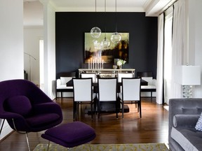 Medium coloured hardwoods aren?t as dramatic as light or dark but are less susceptible to the latest trends. Just make sure some other element, in this case the purple chair, gives the room punch. (Brandon Barre/Special to Postmedia Network)