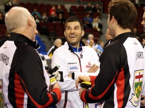 Manotick curler Craig Savill talks to his former Ontario teammates at the Tim Hortons Brier on March 10. (Jean Levac, Postmedia Network)