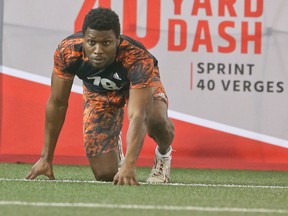 Shaquille Johnson of the CJFL's London Beefeaters in the 40-yard dash during the 2016 CFL Combine at the Varsity Centre in Toronto on Thursday, March 10, 2016. (Veronica Henri/Toronto Sun)