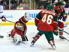 Minnesota Wild goalie Darcy Kuemper dives to make a save against the Edmonton Oilers at Xcel Energy Center on Thursday. (Brad Rempel/USA TODAY Sports)