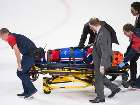 Canadiens defenceman P.K. Subban is taken off the ice on a stretcher during third period NHL action against the Sabres in Montreal on Thursday, March 10, 2016. (Graham Hughes/The Canadian Press)