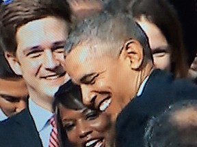Whitby, Ont., MP Celina Caesar-Chavannes gets a hug from U.S. President Barack Obama on the White House lawn in this screen capture on Thursday March 10, 2016. (Handout/Postmedia Network)