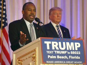 Former Republican presidential candidate Ben Carson speaks after announcing he will endorse Republican presidential candidate Donald Trump, during a news conference at the Mar-A-Lago Club in Palm Beach, Fla., on March 11, 2016. (AP Photo/Lynne Sladky)