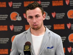 In this Nov. 15, 2015, file photo, Cleveland Browns quarterback Johnny Manziel attends a post-game news conference after a 30-9 loss to the Pittsburgh Steelers, in Pittsburgh. (AP Photo/Don Wright, File)