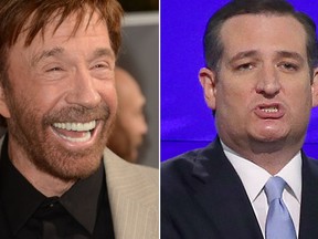 Chuck Norris, left, won't be backing Ted Cruz, right, after all. (Jason Merritt/Getty Images/AFP and Pedro Portal/The Miami Herald via AP)