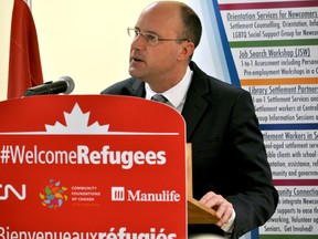 Mayor Matt Brown speaks at the Cross Culture Learner Centre in London, Ont. March 11, 2016. CHRIS MONTANINI\LONDONER\POSTMEDIA NETWORK