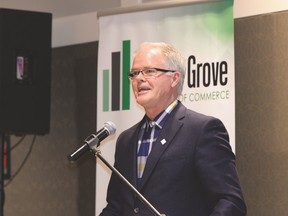 Spruce Grove Mayor Stuart Houston spoke on the growth and success the city has realized in the last year during the State of the Region Address. - Photo by Marcia Love